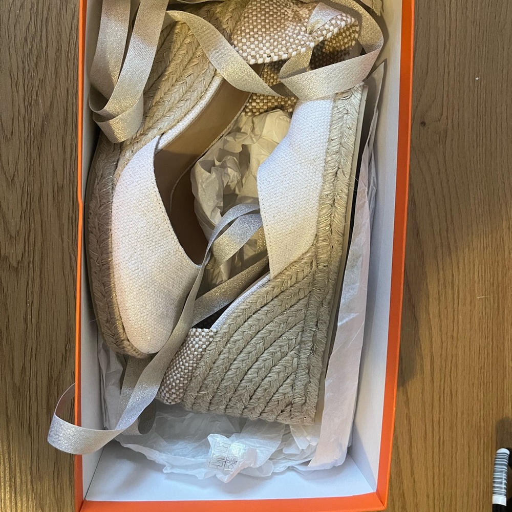 Castaner Cream Espadrille Wedge Sandals with Ankle Wrap